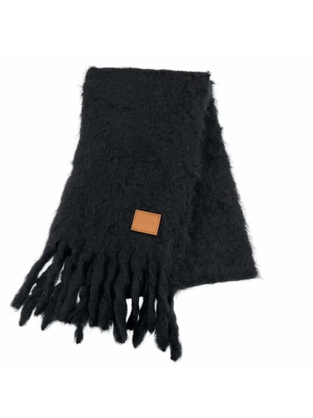 Loewe Mohair Wool Logo Leather Patch Fringe Scarf Dark Navy